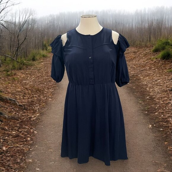 Eloquii Navy Blue Cold Shoulder Dress Size 16 Ruffle Sleeve Flowy Boho Chic - Picture 1 of 8